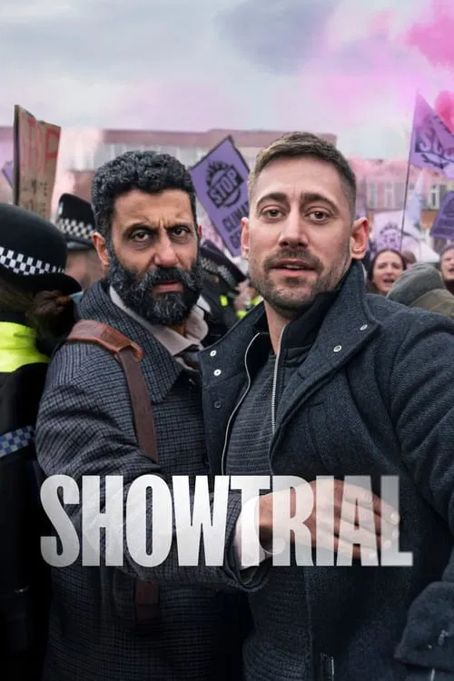 Two men stand in a crowded street, one with a serious expression and the other with a more contemplative look. The scene is filled with vibrant colors, including purple and pink hues, suggesting a dramatic or intense atmosphere. The poster conveys a sense of tension and intrigue, hinting at a hig...