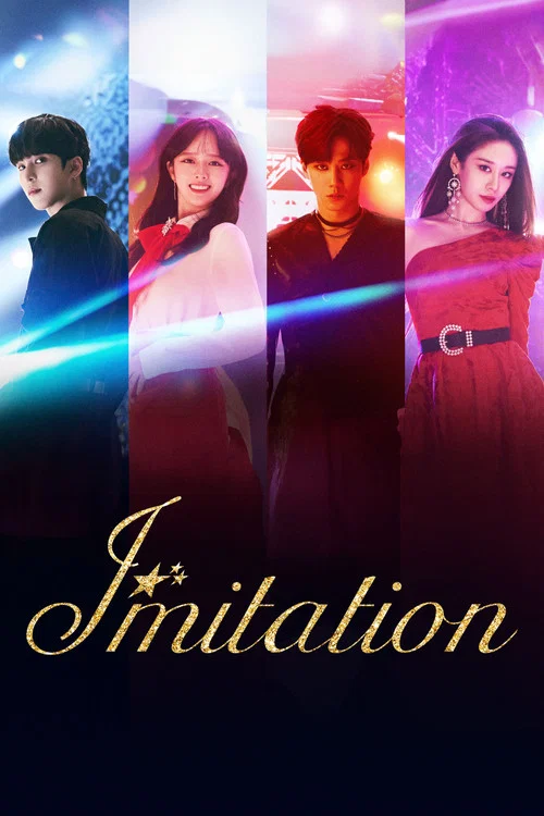 The poster features four individuals in vibrant, colorful scenes—pink, purple, and blue hues—suggesting a lively, energetic atmosphere. The title "IMITATION" is prominently displayed in bold, golden letters at the bottom, hinting at a comedic or satirical theme. The overall mood is playful and vi...