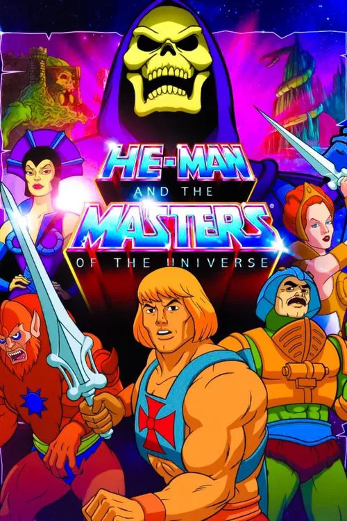 This vibrant poster showcases the iconic He-Man and the Masters of the Universe, featuring muscular heroes in dynamic poses against a cosmic backdrop. The scene is bathed in electric blues and purples, with glowing blue swords and a menacing skull emblem. The energetic, heroic atmosphere captures...