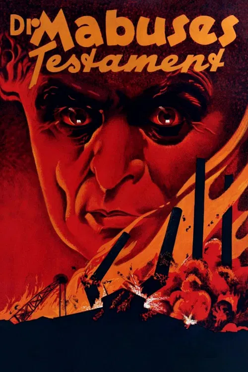 The poster features a grotesque, distorted face with multiple eyes, evoking a sense of horror and mystery. The muted green and brown tones create a somber atmosphere, while the title "The Testament of Dr. Mabuse" is written in an eerie, gothic style.