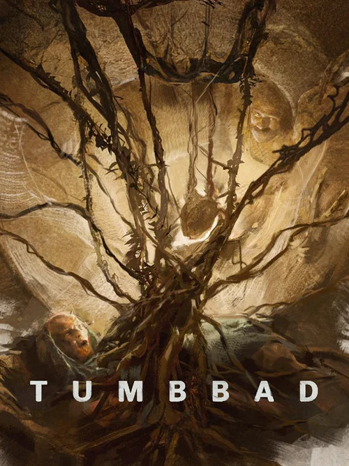 A dark, ominous poster featuring a red circular emblem with a menacing figure and the word "TUMBBAD" at the bottom. Two figures stand above, one holding a large umbrella, suggesting a mysterious or supernatural theme. The overall mood is eerie and foreboding, with muted tones and a sense of impen...