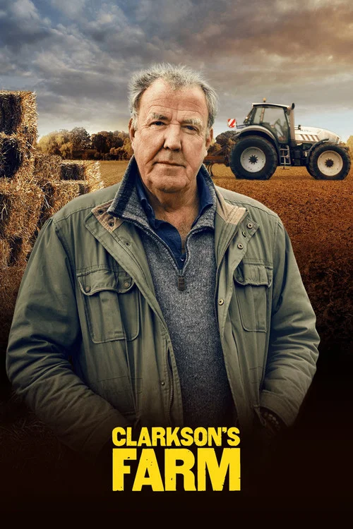 The poster features a weathered farmer with a somber expression, surrounded by golden fields and a tractor in the background. The warm yellow and earthy tones evoke a sense of rural tranquility and nostalgia.