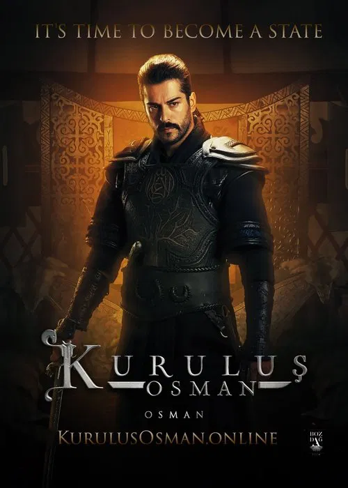 The poster features a determined man in ornate armor, exuding strength and authority. Warm, golden lighting casts dramatic shadows, creating an intense and epic atmosphere. The title "Kuruluş Osman" is prominently displayed, emphasizing the show's historical and dramatic themes.