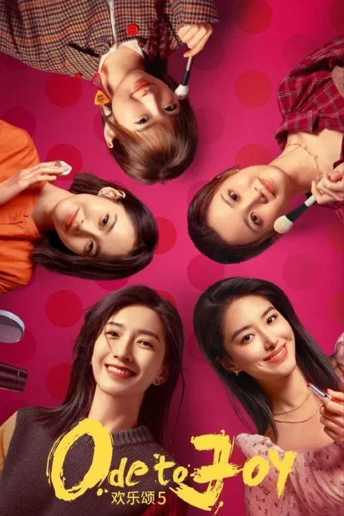 The poster features five women arranged in a playful, overlapping composition against a vibrant pink background with red polka dots. They are dressed in casual, colorful outfits, exuding a cheerful and energetic mood. The title "Ode to Joy" is prominently displayed in bold yellow letters at the b...