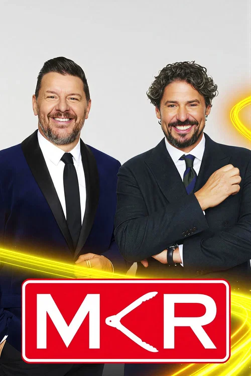 Two hosts stand confidently against a vibrant orange backdrop, with the iconic "MCR" logo hanging above them. The warm tones and confident expressions convey a fun, energetic, and approachable mood, capturing the essence of the show's lively atmosphere.