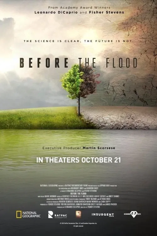 The poster features a lone tree standing on a grassy field, symbolizing hope amidst the looming threat of a flood. The muted earth tones and soft lighting evoke a somber yet hopeful mood, emphasizing resilience and the enduring power of nature.