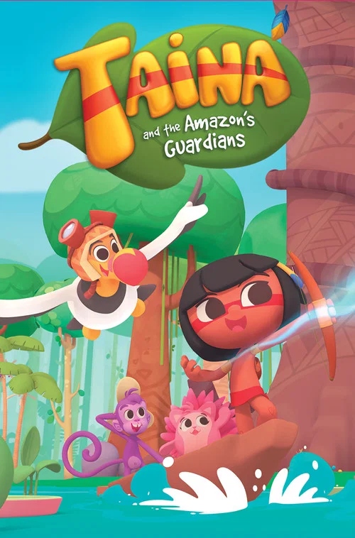 The vibrant poster features Taina, a colorful monkey, alongside her Amazonian guardian, a red-skinned woman with a glowing staff. The scene is set against a lush green jungle backdrop, with playful splashes of blue and orange suggesting action. The cheerful and adventurous mood captures the fun a...