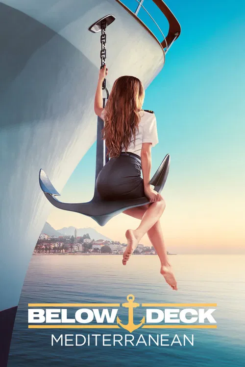 The poster features a woman hanging from a boat's railing, surrounded by warm Mediterranean colors. The serene, sunlit backdrop evokes a peaceful, adventurous mood, capturing the essence of a relaxing vacation on the Mediterranean.