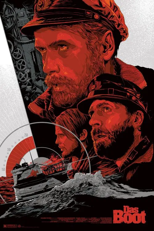 The poster features a gritty, sepia-toned image of two men in World War II-era uniforms, one with a stern expression and the other looking forward. The red and black color scheme creates a somber, intense mood. The title "Das Boot" is prominently displayed in bold red letters at the bottom, empha...