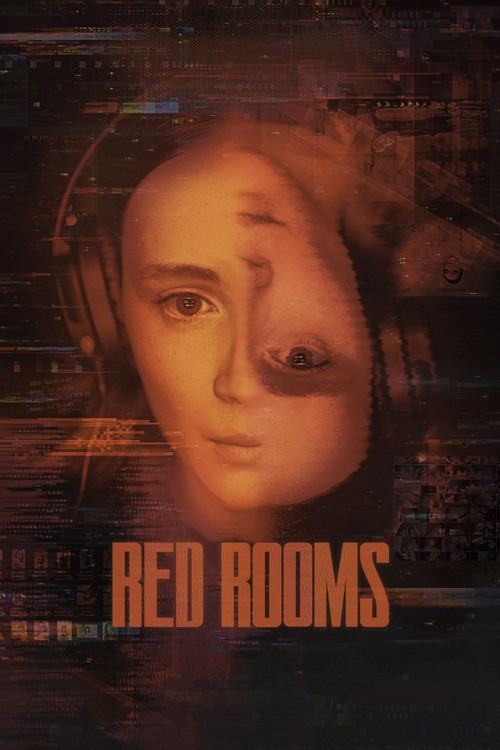 The poster features a hauntingly beautiful portrait of a woman with headphones, set against a dark, cybernetic background. The warm, amber lighting casts dramatic shadows, while the title "RED ROOMS" in bold, distressed typography evokes a sense of mystery and unease.