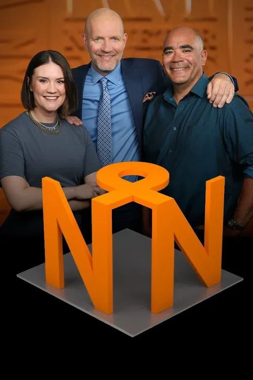 A group of three smiling professionals stands proudly behind a large "N" logo, with warm lighting and a professional atmosphere.