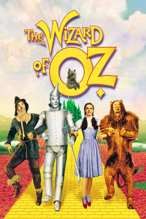 The poster features four children walking along a brick path under a vibrant sky. The children are dressed in colorful costumes, with one in a blue dress, another in a brown outfit, and a third in a green suit. The background showcases lush greenery and a bright blue sky with fluffy clouds. The o...