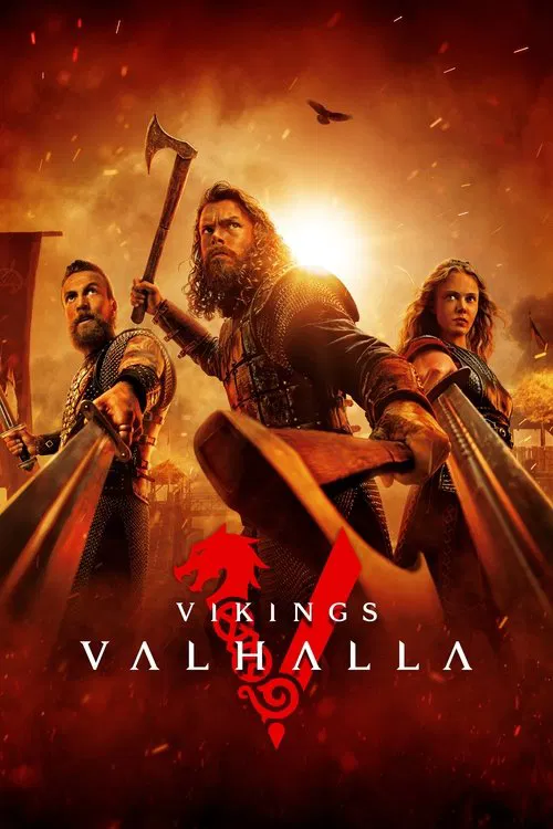The poster features two men in Viking armor, their faces partially obscured by heavy metal shields, evoking a somber and heroic mood. The title "Vikings: Valhalla" is prominently displayed in bold, metallic lettering, with a striking red Viking symbol beneath it. The overall design suggests a dra...