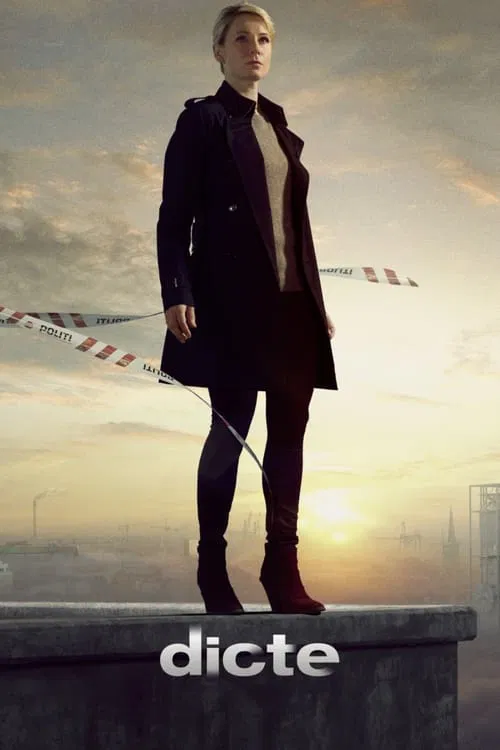The poster features a woman in a dark coat standing atop a ledge, holding a cane against a dramatic sunset sky. The warm golden hues of the setting sun create a moody atmosphere, while the bold white text "dicte" anchors the image.