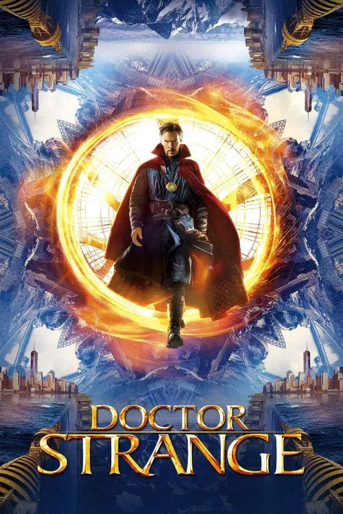 The poster features a mysterious man in a flowing red cape standing before a glowing golden portal, surrounded by mystical blue and gold architectural elements. The dramatic lighting and ethereal atmosphere evoke a sense of wonder and adventure, capturing the essence of the film's magical and adv...