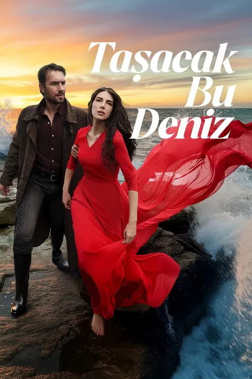 The poster features a dramatic scene with a man and woman walking along a rocky cliff at sunset. The woman wears a flowing red dress that billows in the wind, symbolizing passion and freedom. The warm, golden hues of the sky contrast with the cool tones of the rocks and water, creating a romantic...