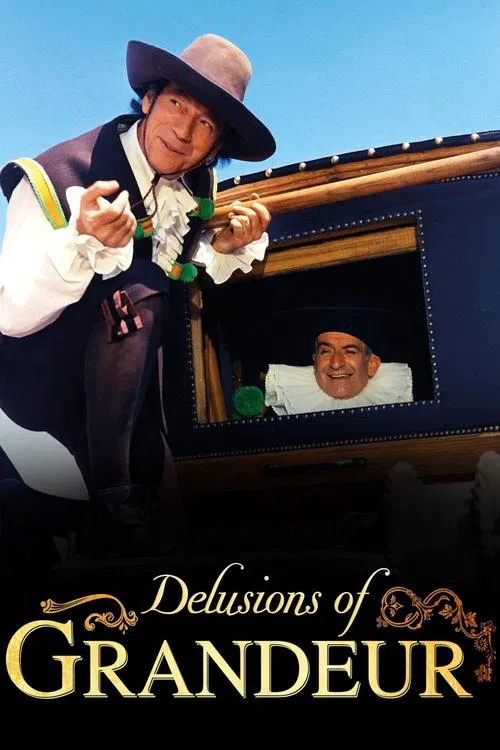 The poster features two men in a whimsical setting: one in a cowboy hat and vest holding a cane, and another peeking out from a window. The warm tones of the background and the golden title create an inviting and slightly humorous atmosphere, suggesting a blend of humor and fantasy.