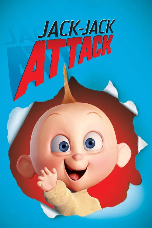 The poster features a cheerful cartoon baby boy with red hair and a yellow shirt, peeking out from a torn white paper. The title "Jack-Jack Attack" is displayed in bold red and black letters against a bright blue background. The overall mood is playful and energetic, capturing the essence of a fu...