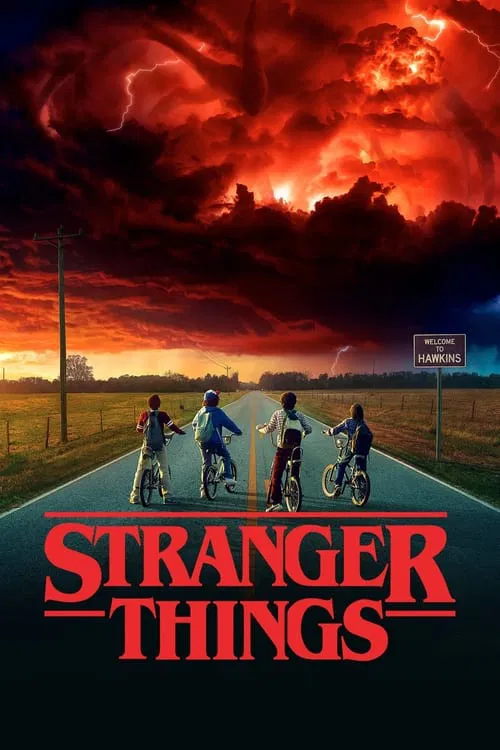 The poster features silhouettes of six children standing on a dark road under a fiery, stormy sky with lightning. The title "Stranger Things" is prominently displayed in bold red letters at the bottom. The ominous red and orange colors evoke a sense of danger and urgency, while the lone figure in...