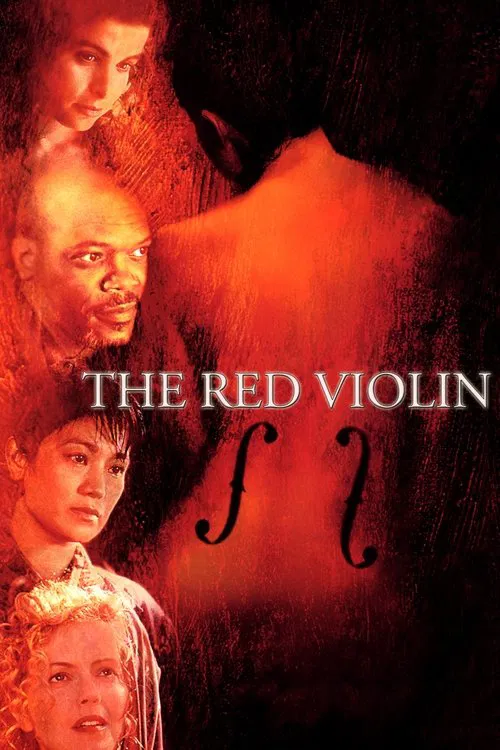 The poster features four characters against a dark, fiery background, with the title "THE RED VIOLIN" prominently displayed. The intense red and orange hues evoke a sense of danger and passion, while the characters' expressions suggest mystery and intrigue.