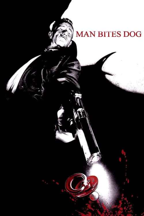 The poster features a dramatic, shadowy figure in a dark coat, holding a revolver while pointing it at a glowing, red dog. The intense, suspenseful mood is conveyed through the stark black-and-white contrast, with the red dog symbolizing danger and the dark coat hinting at a supernatural or thril...