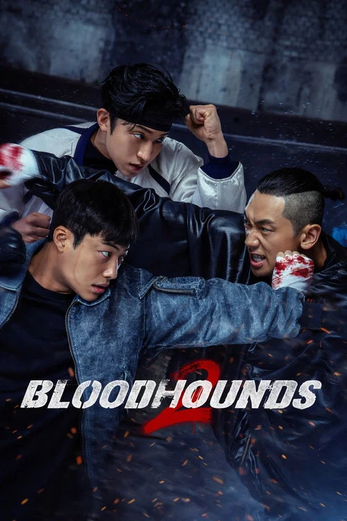 The poster features two determined men in action poses against a dramatic, neon-lit background. The cool blue tones and intense lighting convey a sense of urgency and action. The title "Bloodhounds" is prominently displayed in bold, metallic lettering, emphasizing the show's gritty and intense th...
