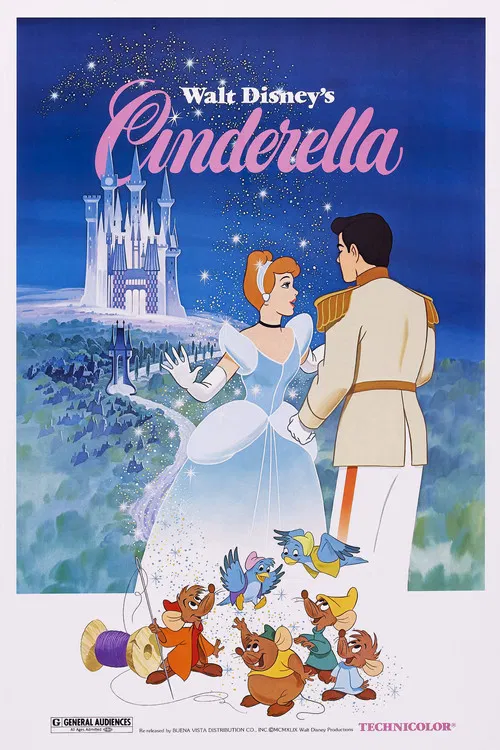 This movie poster features Cinderella and Prince Charming in a romantic embrace against a magical blue backdrop. The title "Cinderella" is prominently displayed in elegant gold lettering. The scene exudes a whimsical, enchanting mood with sparkling lights and fairytale-like elements.