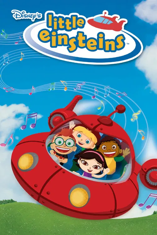 The vibrant red spaceship with cheerful characters floats against a bright blue sky dotted with musical notes. The playful design and joyful expressions convey a whimsical, adventurous mood perfect for young audiences.