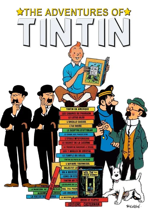 This poster features Tintin in a dynamic pose against a vibrant yellow background, with his friends and companions visible around him. The bold white text and playful illustration convey the adventurous spirit of the classic comic series.