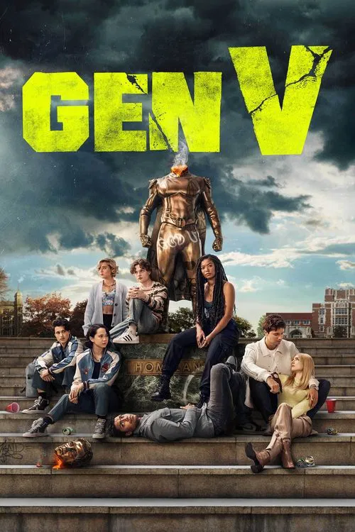 The poster features a dramatic scene with six characters in a tense, atmospheric setting. The deep red and blue color scheme creates a sense of mystery and urgency, while the cracked white "V" symbolizes the show's title. The mood is suspenseful and intense, suggesting a thrilling narrative.