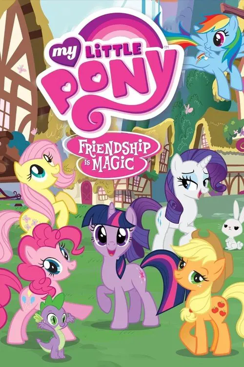 The poster features beloved My Little Pony characters in vibrant, playful poses against a bright blue background. Pinkie Pie, the central figure with her signature pink mane, dominates the foreground with a cheerful expression. Surrounding her are other iconic ponies like Rainbow Dash, Twilight S...