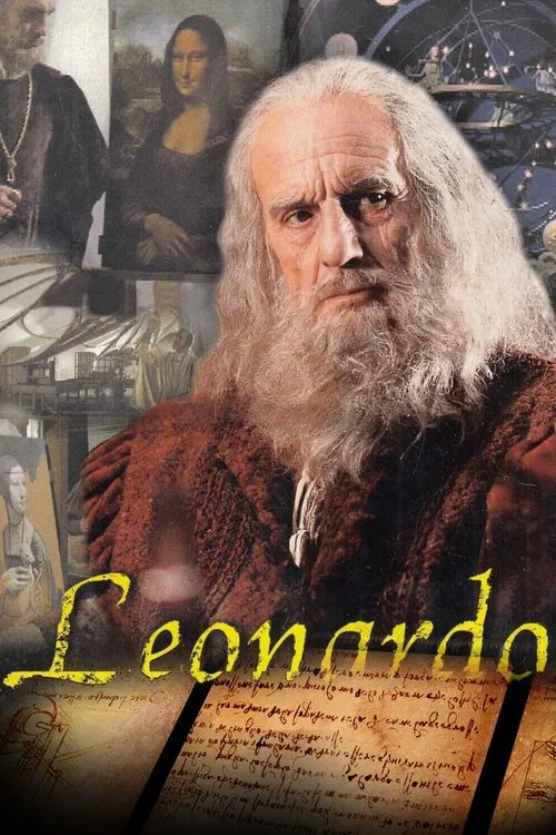The poster features Leonardo da Vinci with his signature white beard and fur coat, surrounded by historical paintings and manuscripts. The warm, golden lighting creates an intimate and scholarly atmosphere, emphasizing the timeless elegance of the artist.