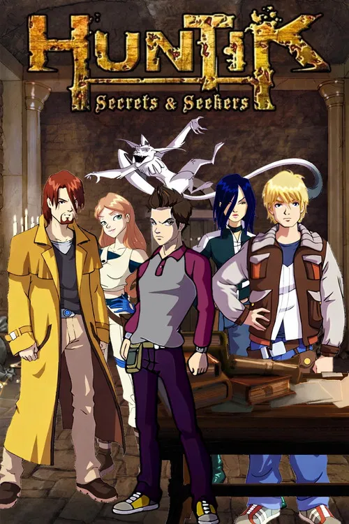 The poster features five animated characters in a dramatic, adventurous setting. The vibrant colors and dynamic poses suggest an exciting story. The mood is one of intrigue and excitement, inviting viewers to explore the secrets and seekers within.