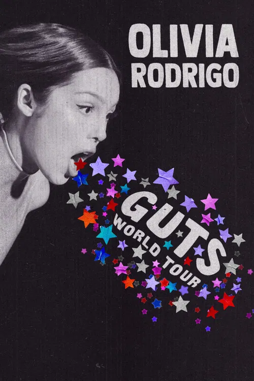 The poster features a striking black-and-white portrait of Olivia Rodrigo, her expression intense and captivating. The title "GUTS" is boldly displayed in white, surrounded by colorful stars in red, blue, and purple, creating a dynamic and energetic visual. The overall mood is one of excitement a...