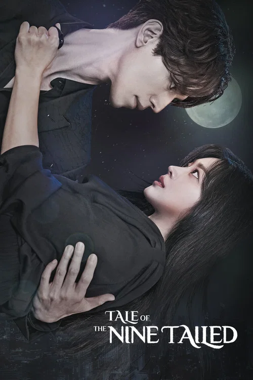 The poster features a dramatic scene with two characters in a dark, moody atmosphere. The man leans over the woman, creating an intimate and mysterious mood. The deep purple and black color scheme enhances the eerie and suspenseful tone of the show.