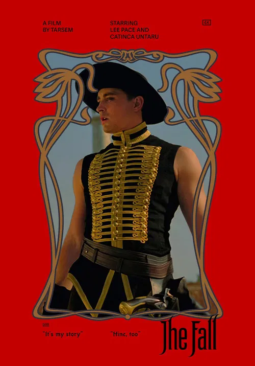 The poster features a man in a black hat and gold chain against a bold red background, with his hand raised in a gesture of defiance. The large white text "THE FALL" dominates the design, conveying a sense of urgency and drama.