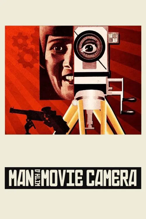 The poster features a striking portrait of a man with a camera lens, set against a bold red and black background. Below, a silhouette of a gun adds tension, while the title "MAN WITH THE MOVIE CAMERA" is prominently displayed in bold white letters. The overall composition conveys a sense of myste...