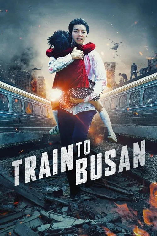 The poster features a determined man in a red vest carrying a woman through a devastated train station, evoking a sense of urgency and resilience. The muted, desaturated tones of the background contrast with the vibrant red of the vest, creating a somber yet hopeful atmosphere.