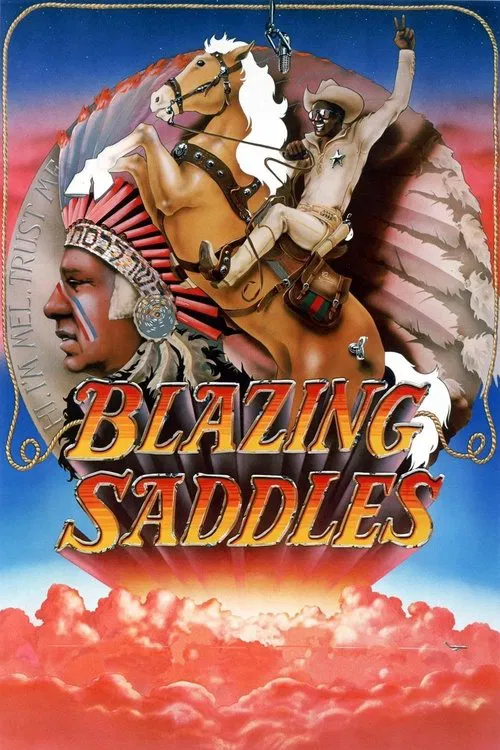 The poster features a vibrant desert landscape with a group of diverse characters, including a cowboy and a woman in a hat, exuding a lively and humorous atmosphere. The bold red title "Blazing Saddles" stands out against the bright blue sky, capturing the comedic essence of the film.