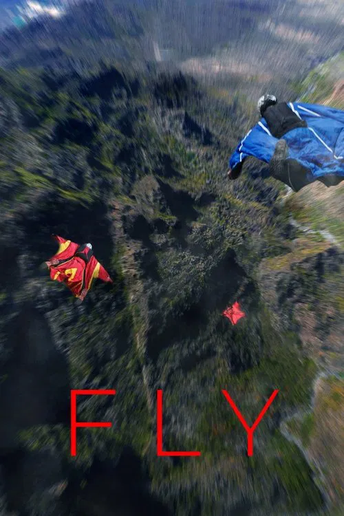The poster captures a breathtaking aerial view of two skydivers gliding through lush green mountains, their vibrant red and blue outfits contrasting against the verdant landscape. The bold red "FLY" text anchors the image, evoking a sense of freedom and adventure.