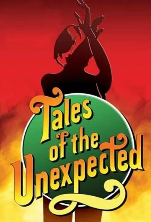 The poster features a silhouette of a person against a vibrant red and yellow gradient background, evoking a sense of mystery and adventure. The title "Tales of the Unexpected" is elegantly written in a playful, golden font within a green circular emblem, suggesting whimsical storytelling.