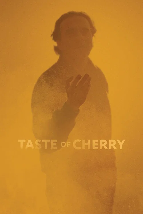 This poster features a stylized tree silhouette against a vibrant yellow background, evoking a sense of nature and warmth. The bold black text "TASTE OF CHERRY" anchors the composition, suggesting a culinary journey. The overall mood is inviting and nostalgic, promising an experience that blends ...