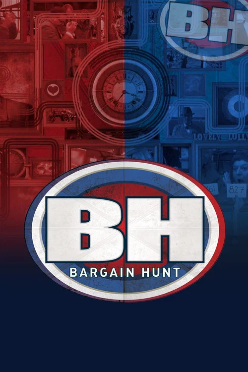 This TV show poster for "Bargain Hunt" features a vibrant red and blue background with a diamond-shaped logo. A stack of gleaming gold coins dominates the foreground, symbolizing wealth and savings. The overall mood is energetic and inviting, suggesting a thrilling financial adventure.