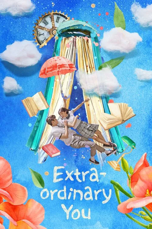 A couple stands atop a towering stack of colorful clothes, surrounded by whimsical clouds and flowers. The vibrant blue sky and playful elements create a dreamy, cheerful mood, capturing the essence of a fun, everyday moment.