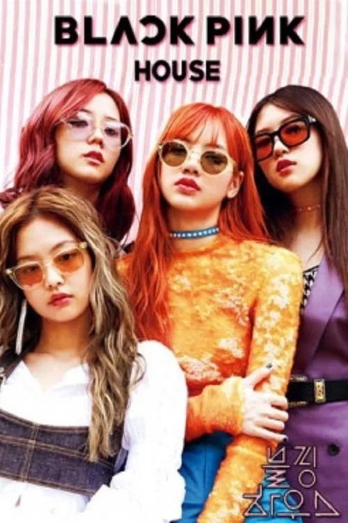 The poster features four members of BLACKPINK in vibrant, contrasting outfits against a striped background. Their expressions range from serious to playful, capturing a mix of confidence and charm. The bold typography and dynamic poses convey a lively, energetic mood that reflects the group's ene...