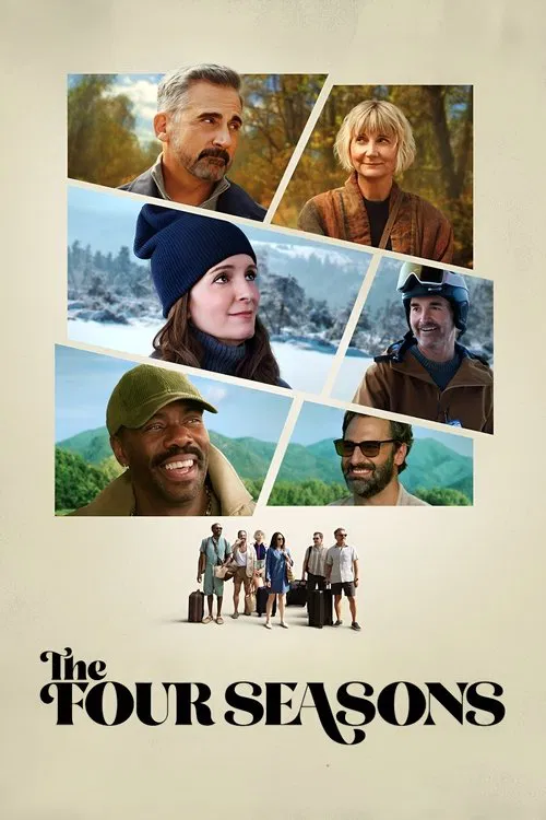 The poster features six characters in a collage style, each with a distinct expression and clothing, set against a warm, earthy background. The muted tones of browns, greens, and grays evoke a nostalgic, reflective mood, suggesting themes of travel, memory, and the passage of time.