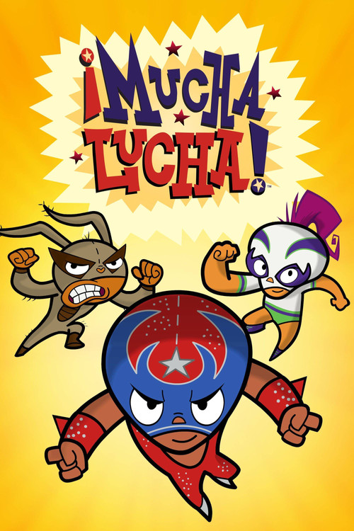 This vibrant poster features three animated characters in dynamic poses against a bright yellow background. The central figure wears a superhero mask with a red star, while the other two characters display playful expressions. The bold red and blue colors create an energetic and fun atmosphere, c...