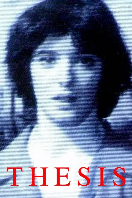 The poster features a haunting close-up of a person's eye, with a mysterious and eerie expression. The word "THESIS" is boldly displayed in red, suggesting themes of academic or intellectual pursuit. The dark background and monochromatic color scheme create a suspenseful and mysterious atmosphere.