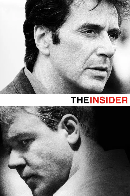 The poster features a dark, moody atmosphere with a man's face partially obscured by shadows and a blurred background. The title "THE INSIDER" is prominently displayed in bold red letters against a black backdrop. The overall mood is mysterious and suspenseful, suggesting a thriller or drama.