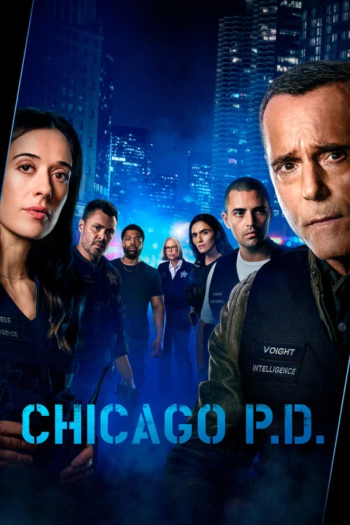 The poster features a central figure in a leather jacket against a dark blue background, surrounded by six other characters in matching blue outfits. The title "CHICAGO P.D." is prominently displayed in bold, glowing letters, evoking a noir atmosphere with cool tones and dramatic lighting.